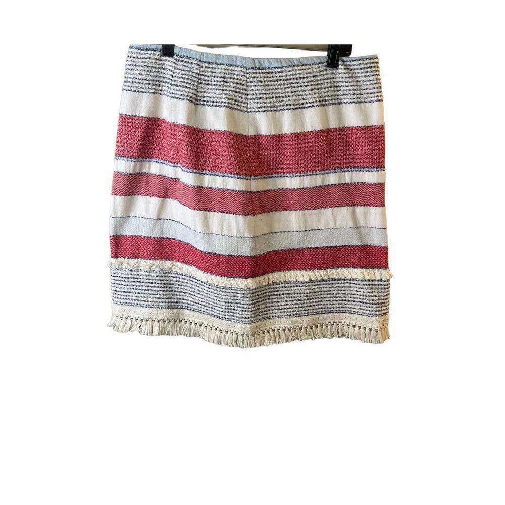 J McLaughlin Red White Stripes Textured Fabric Fringe Hem Straight Skirt Size 12